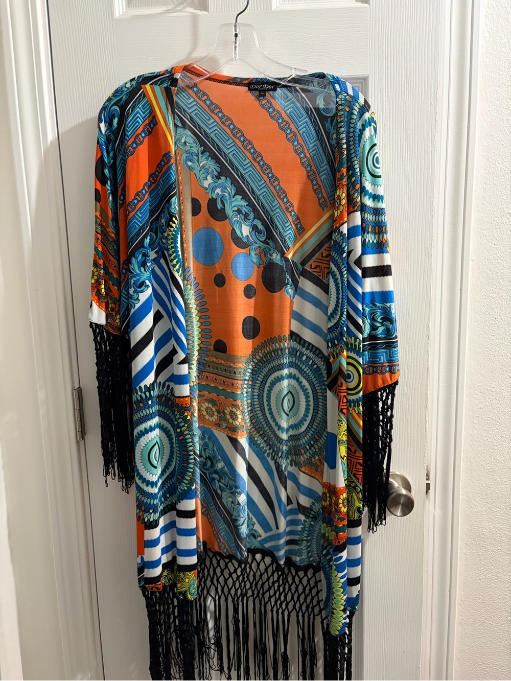 Boho Fringe Open-Front Cardigan in Orange & Blue by Dor Dor